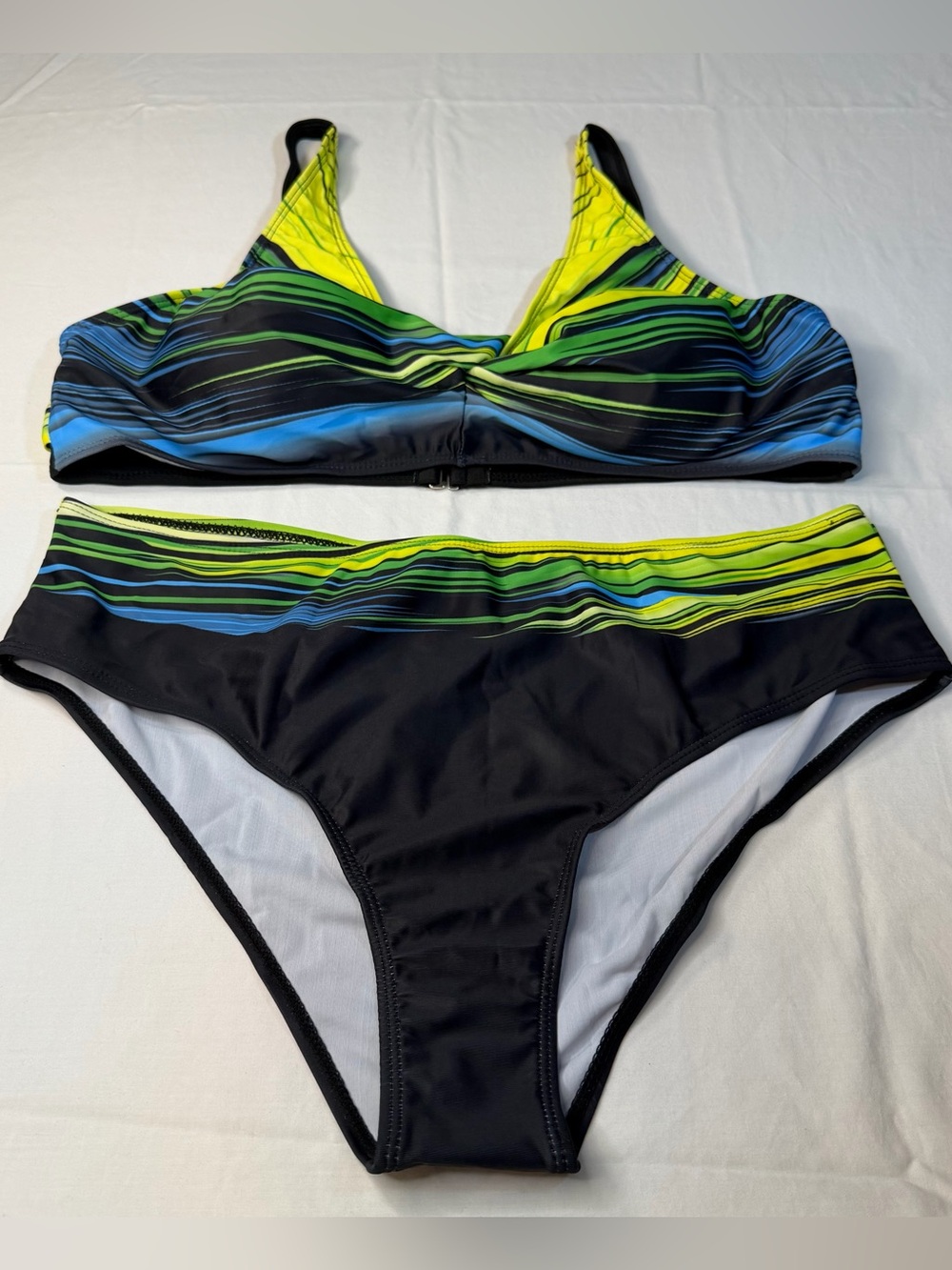 Denater 2 Piece Bikini Swimsuit High Waisted Abstract Stripe Neon Green Blue XL